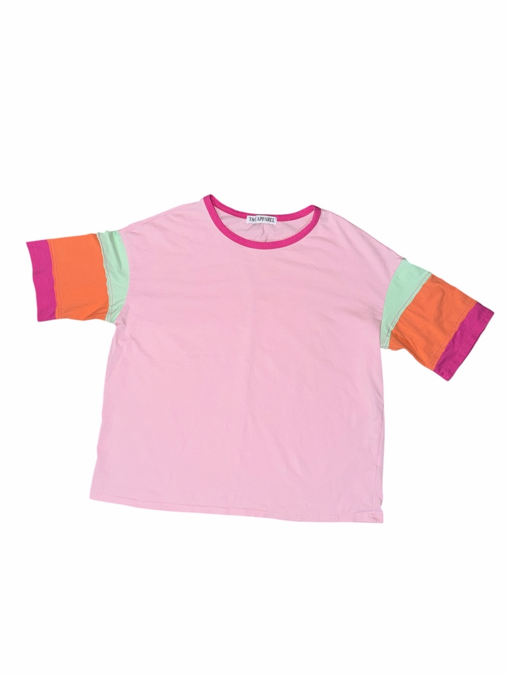 Relaxed Pink Colorblock Tee with Orange & Mint Sleeve Panels
